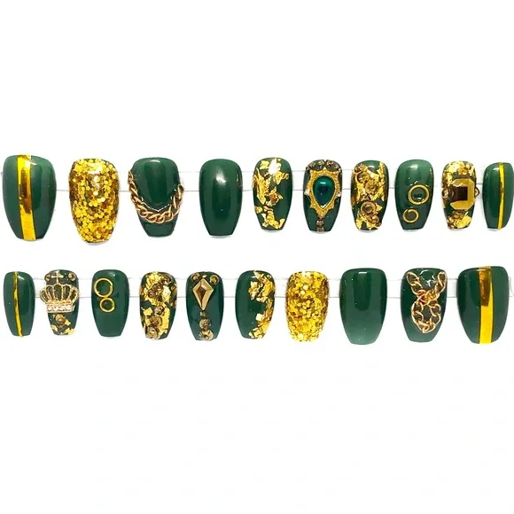 Handmade Press on Nails UV Gel Medium Short Coffin Green & Gold Shiny Fu… - Picture 1 of 8